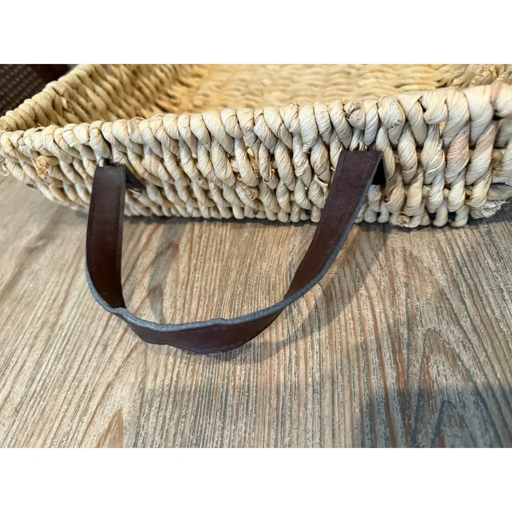 Seagrass Woven Low Rectangular Basket Faux Leather Handles